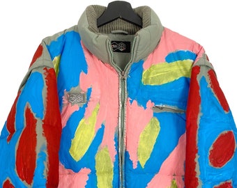 Vintage feather coat 90 Fila, hand-painted coat multicolor multicolored motif pop art oversize coat detachable sleeves to vest