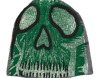 Wool cap gray color rubberized green on both sides vintage 90s custom, skull print and painted, Upcycled Vintage Punk Rock