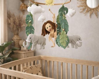 Tarzan and Elephants Baby Mobile, Neutral Nursery Decor
