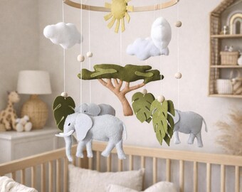 Felt Safari Elephant Baby Mobile, Neutral Nursery Decor