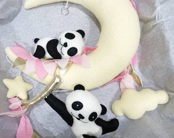 Panda Baby Mobile: Wool Felt Moon, Nursery Decor