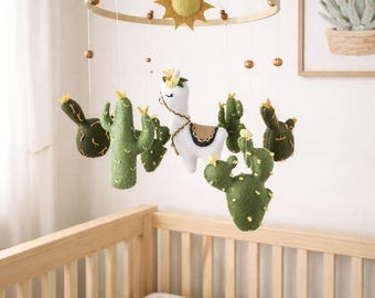 Llama and Cactus Baby Mobile, Neutral Nursery Decor, Felt Animals
