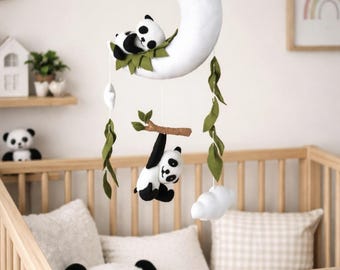 Panda Baby Mobile, Sleeping Panda Moon Nursery Decor, Wool Felt Hanging Toy