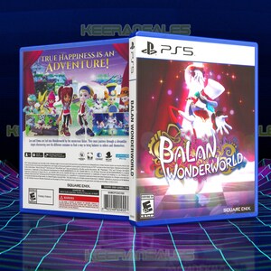May include: A video game cover for Balan Wonderworld for the Playstation 5. The cover features a colorful illustration of Balan, a character with a white top hat and a blue and pink dress, standing on a stage with a red curtain. The text "Balan Wonderworld" is displayed in large, white letters.