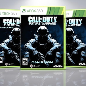 May include: Four Xbox 360 game cases for Call of Duty: Future Warfare. The cases are green and feature a soldier in a futuristic setting. The text "Call of Duty: Future Warfare" is printed on the front of the cases. The cases are arranged in a row, with the "Campaign" case in the centre.