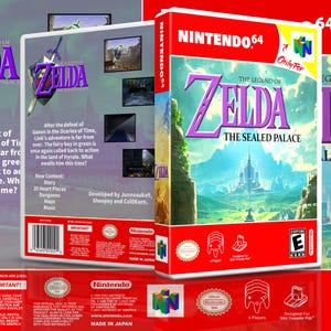 May include: A Nintendo 64 video game box for "The Legend of Zelda: The Sealed Palace." The box is red with the game title in purple and a landscape illustration. The back of the box features game details and screenshots.