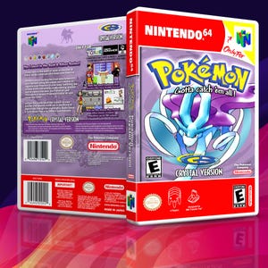 May include: A purple and blue Nintendo 64 game cartridge case for Pokemon Crystal Version. The front of the case features a blue and purple Pokemon with the text "Gotta catch 'em all!" The back of the case features a barcode, a description of the game, and the Nintendo 64 logo.