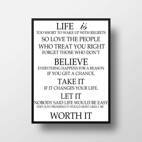 Life Is Too Short to Wake up With Regrets Vintage Print Illustration Decor Unframed White Version 11" by 8.5"