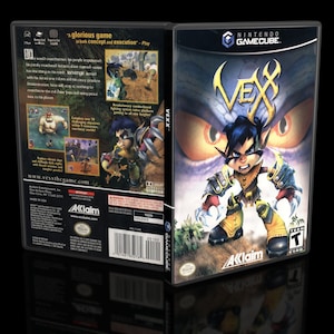 May include: A video game case for the Nintendo GameCube. The case is black with a purple and green image of a character with blue hair and yellow clothing. The character is holding a weapon. The game title is "Vexx" in a white font with a black outline. The game is rated T for Teen by the ESRB.