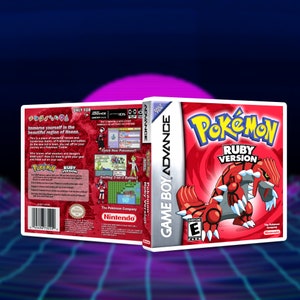 Op de afbeelding: Een Game Boy Advance video game case voor Pokémon Ruby Version. De case is rood met de speltitel in geel en een rood en grijs wezen grafisch. De achterkant van de case heeft tekst en afbeeldingen.