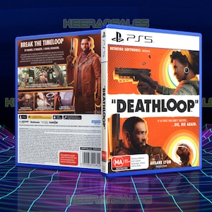 Puede incluir: Una carátula de videojuego para "Deathloop" en Playstation 5. La carátula presenta a una persona sosteniendo un arma de fuego sobre un fondo naranja y amarillo brillante. El texto "Deathloop" está en letras blancas grandes. El texto "Si al principio no tienes éxito...muere, muere de nuevo." está en letras blancas más pequeñas. El juego está clasificado como MA 15+ por violencia fuerte, lenguaje e interactividad en línea.
