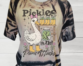 Unisex Bleached Bella Canvas Funny Saying T-shirt, Introvert Humorous Saying "Pickles and Panic Attacks" Tee, Pickle/Goose Lover Shirt