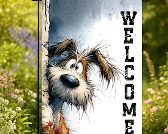 Whimsical Dog Garden Flag Welcome Sign, Funny Puppy Yard Flag, Rustic Farmhouse Outdoor Decor, Cute Pet Lover Gift, 12x18 Flag