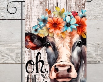 All Year Around Garden Flag, Cow Lover Yard Decoration, Walkway Funny Saying Flag "Oh Hey", Spring/Summer Flower Garden Decor