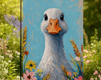 Cute Goose Garden Flag 12x18 | Hand Painted Style Floral Goose Yard Flag | Farmhouse Spring Summer Outdoor Porch Decor | Blue Background
