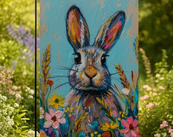 Hand Painted Rabbit Garden Flag Design, Bright Spring Bunny Yard Decor, Colorful Outdoor Garden Flag, Whimsical Garden Yard Art