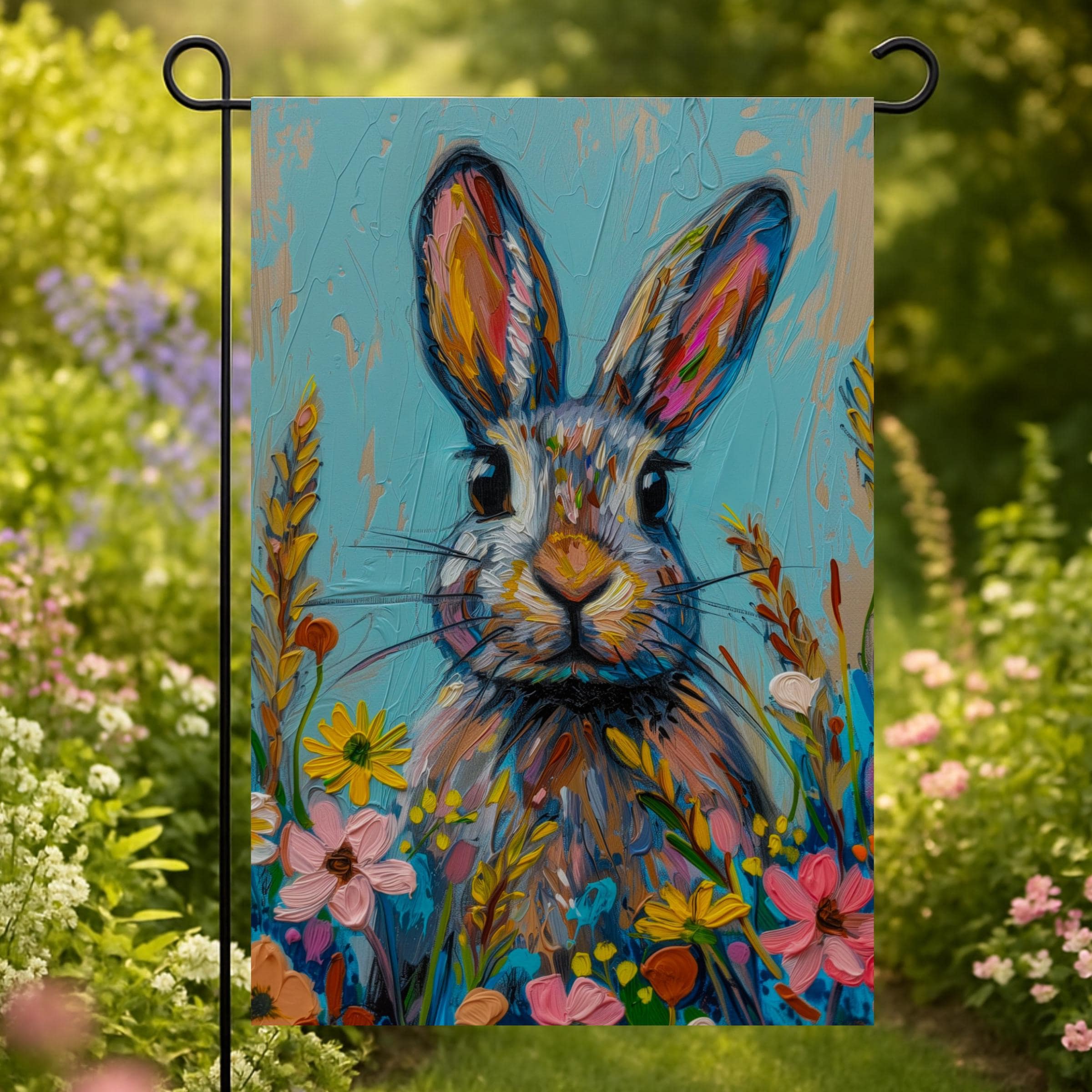 Hand Painted Rabbit Garden Flag Design, Bright Spring Bunny Yard Decor ...