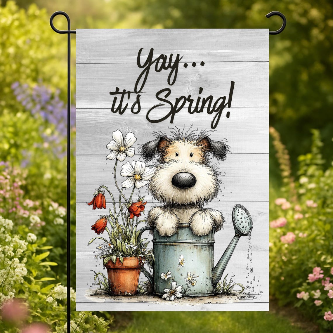 Yay, It's Spring Garden Flag, Whimsical Dog Yard Decor, Floral Outdoor ...