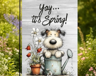 Yay, it's Spring Garden Flag, Whimsical Dog Yard Decor, Floral Outdoor Porch Flag 12"x18", Gift For Gardeners, Dog Lover Gift Idea