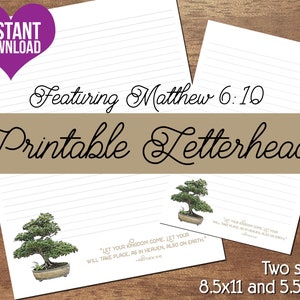 JW Letterhead Bonsai / Papelería para escribir cartas / Descarga instantánea de artículos digitales / Árbol bonsái con Mateo 6:10