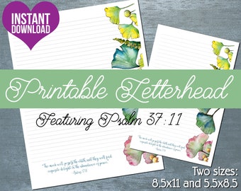 JW Letterhead | Letter Writing Stationery | Instant Download Digital Item | Watercolor Ginkgo Leaves with Psalm 37:11