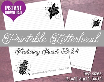JW Membrete / Papelería para escribir cartas / Descarga instantánea de artículos digitales / Flores negras y grises con Isaías 33:24