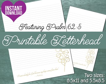 Letter Writing Stationery | JW Letterhead | Instant Download Digital Item | Gold Eucalyptus Leaves with Psalm 62:5