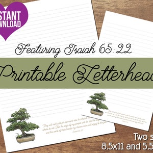 Bonsai JW Letterhead | Letter Writing Stationery | Instant Download Digital Item | Bonsai Tree with Isaiah 65:22