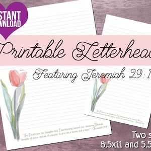 JW Membrete / Papelería para escribir cartas / Descarga instantánea de artículos digitales / Tulipán de acuarela con Jeremías 29:11