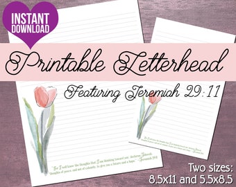 JW Letterhead | Letter Writing Stationery | Instant Download Digital Item | Watercolor Tulip with Jeremiah 29:11