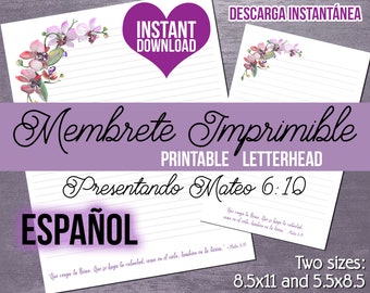 JW Letterhead en Español | Spanish Letter Writing Stationery | Pink and Purple Orchids with Matthew 6:10 | Instant Download