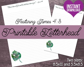 JW Letterhead | Letter Writing Stationery | Instant Download Digital Item | Monstera Leaf with James 4:8