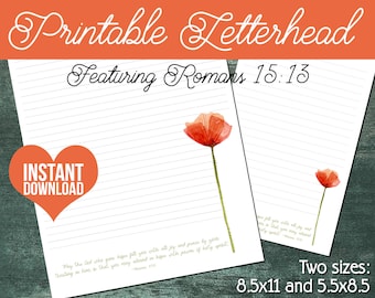 Poppy JW Letterhead | Letter Writing Stationery | Instant Download Digital Item | Red Poppy with Romans 15:13