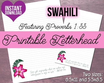 JW Letterhead in Swahili | Letter Writing Stationery | Instant Download Digital Item | Tropical Flower and Leaf with Proverbs 1:33