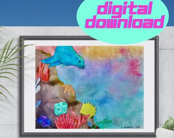 Ocean Coral Reef Multimedia Original Painting with Sea Lion Digital Download Print for Children or Adult Wall Decor, Stationary or Gift