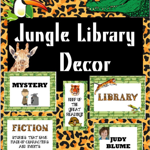 Jungle Classroom Library  Decor and Organization with Genre and Author Bin Labels and Posters with Editable Section