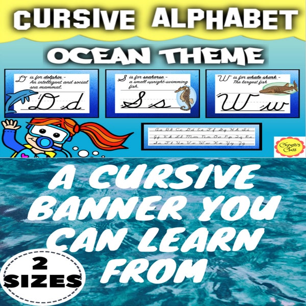 Cursive Alphabet Banner for Ocean Theme Class Decor in 2 sizes with Sea Life Information