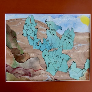 Dipinto originale di leoni marini su una scogliera rocciosa Collage multimediale: 14,5"x17,5" incluso tappetino e cornice da appendere alla parete per la decorazione domestica