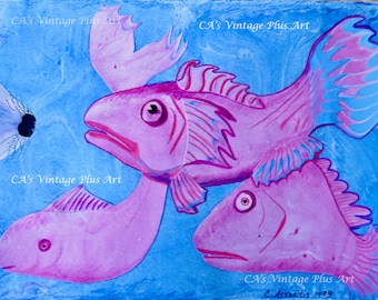 Hot Pink Whimsical Fish with Peeking Sea Lion Original Multimedia Collage Digital Download Signed by the Artist:  Kids Room Wall Decor Gift