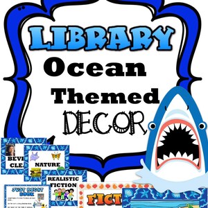 Peut inclure: Décor de bibliothèque sur le thème de l'océan avec un design bleu et blanc. L'image présente les mots "LIBRARY Ocean Themed DECOR" et un requin de dessin animé. Des images plus petites incluent des étiquettes de genre de livres et une photo.
