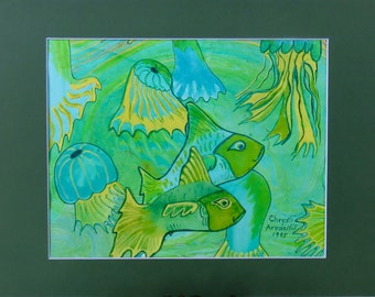 Verde caprichoso pescado original multimedia collage pintura: 11 x14 vidrio mate enmarcado regalo de decoración del hogar para niños / habitación de adultos