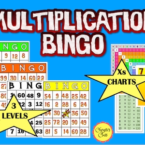 Op de afbeelding: Een kleurrijk vermenigvuldigingsbingo-spel met drie moeilijkheidsgraden. Het spel bevat bingokaarten met getallen en een vermenigvuldigingstabel ter referentie. Het spel is ontworpen voor kinderen om de tafels van vermenigvuldiging te leren.