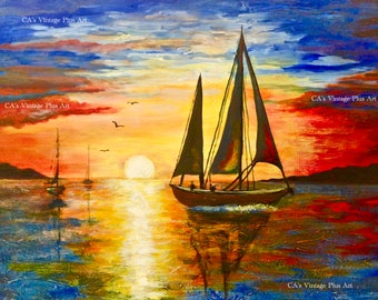 Sailboats at Sunset Original Acrylic Painting Enhanced Canvas Print 25x30 with Bright Colors:  Home Wall Decor Makes a Great Gift