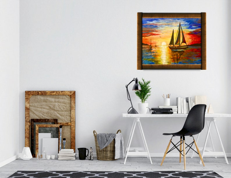 Sailboats at Sunset Original Acrylic Painting Canvas Print 16x20 With ...