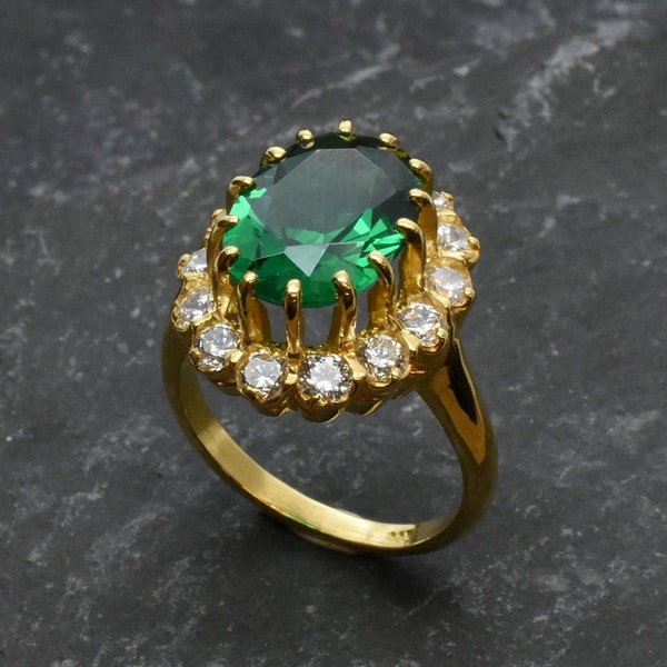 Gold Emerald Ring, Princess Diana Ring, Created Emerald, Victorian Ring, Princess Di Ring, Gold Plated Ring, Gold Antique Ring, Emerald Ring