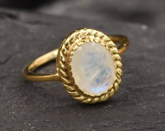 Gold Moonstone Ring, Natural Moonstone, June Birthstone, Gold Solitaire Ring, Promise Ring, Dainty Ring, Gold Plated Ring, Rainbow Moonstone