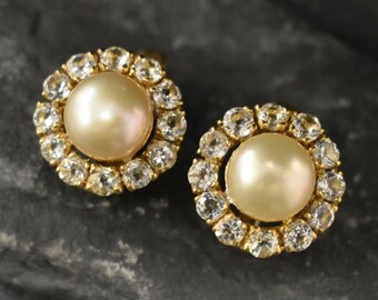 Gold Pearl Earrings, Natural Pearl Studs, Victorian Earrings, Classy Gold Earrings, Vintage Earrings, June Birthstone, Vermeil Earrings