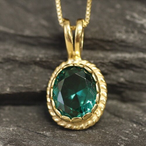 Gold Emerald Pendant Created Emerald Green Oval Pendant - Etsy UK