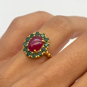Gold Ruby Ring, Natural Ruby, Natural Emerald, Victorian Ring, Gold Plated Ring, Vintage Ring, Halo Ring, 3 Carat Oval Ring, Vermeil Ring