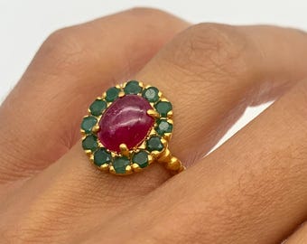 Gold Ruby Ring, Natural Ruby, Natural Emerald, Victorian Ring, Gold Plated Ring, Vintage Ring, Halo Ring, 3 Carat Oval Ring, Vermeil Ring